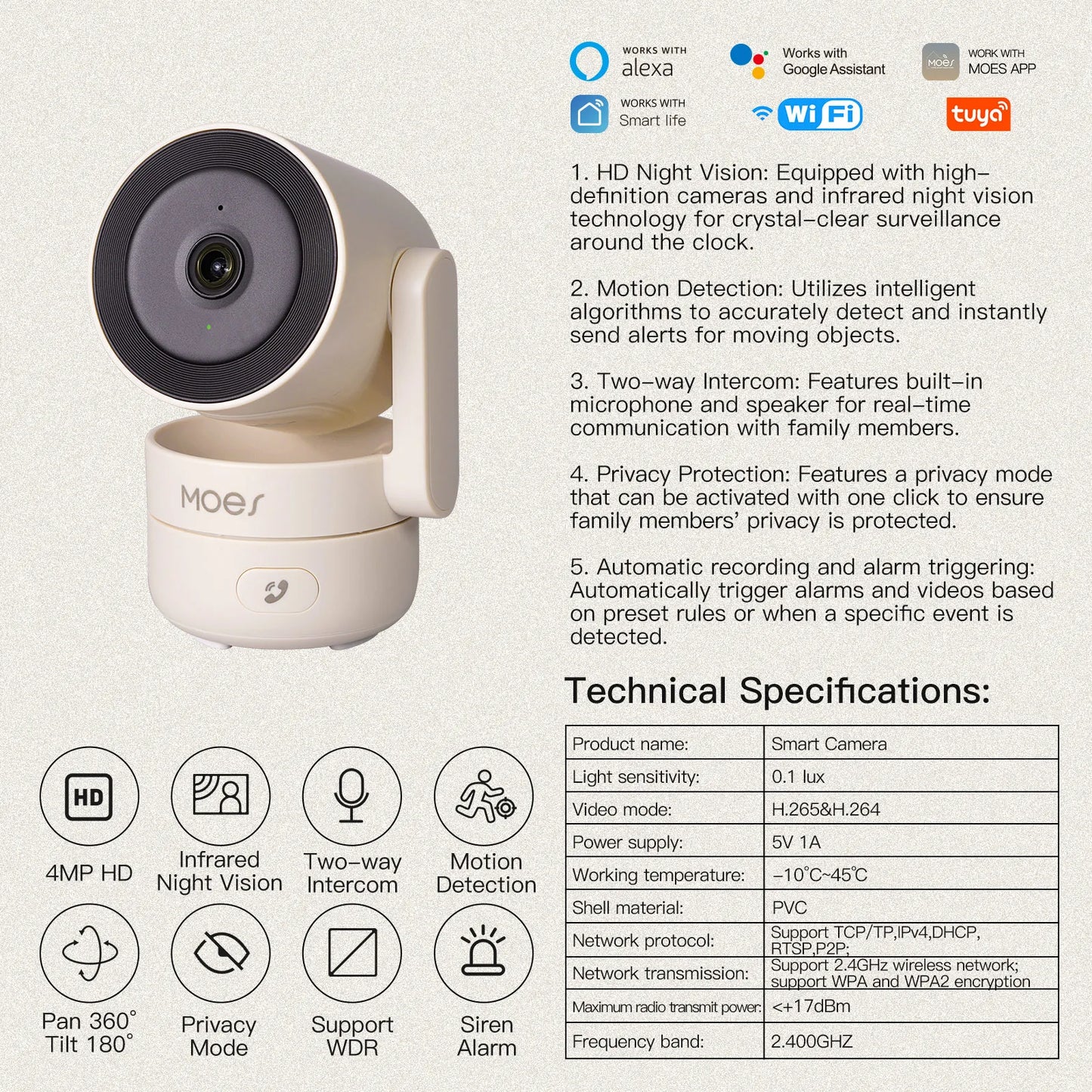 Tuya MOES WiFi Indoor Pan/Tilt Smart Security Camera 4MP HD – Infrared Night Vision – Motion & Sound Detection – Panoramic Patrol – Alexa & Google Compatible