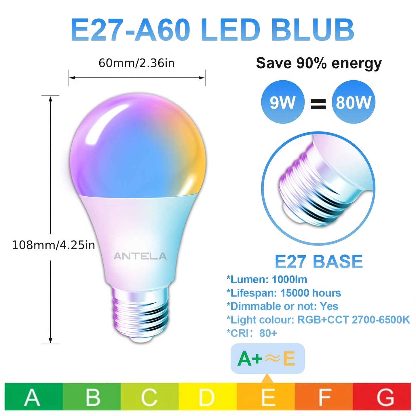 Tuya Smart WiFi LED Bulb E27 9W RGB Dimmable – Alexa & Google Compatible