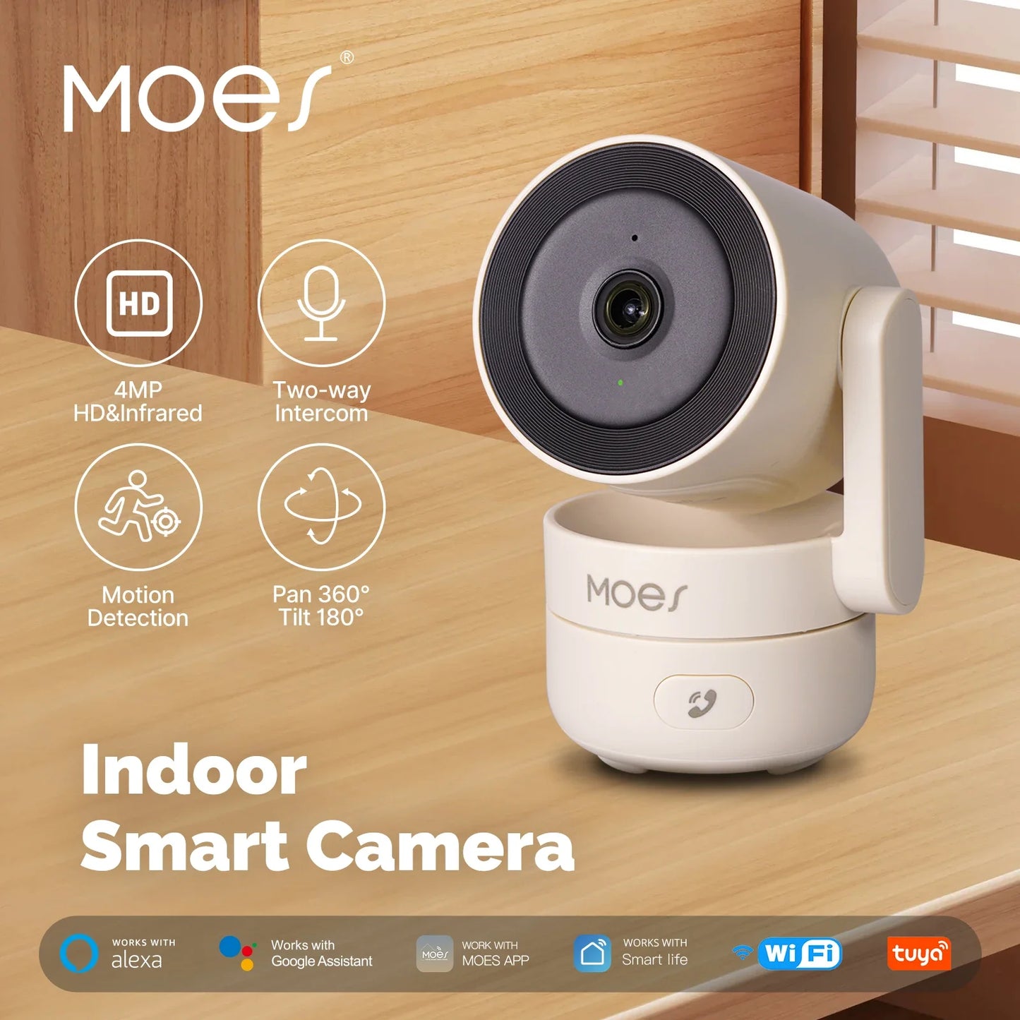 Tuya MOES WiFi Indoor Pan/Tilt Smart Security Camera 4MP HD – Infrared Night Vision – Motion & Sound Detection – Panoramic Patrol – Alexa & Google Compatible