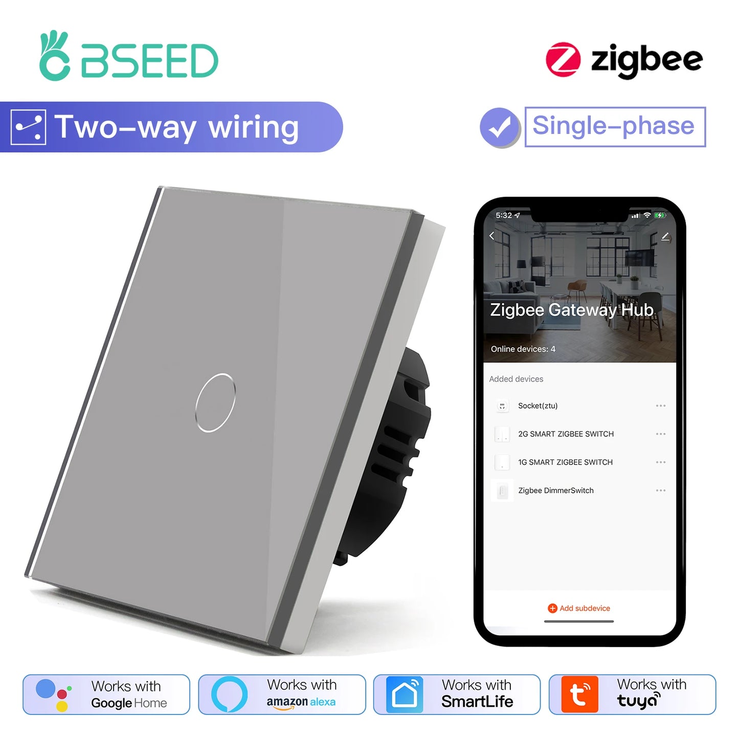 Tuya BSEED Zigbee Switches Smart Touch Light Switche No Neutral Wire Required