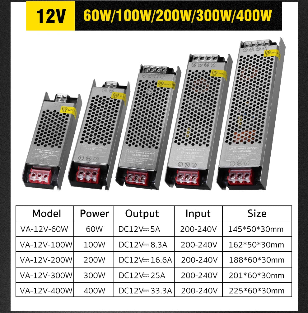 Semi-Filled Glue LED Power Supply Driver AC200-240V to DC 12V 24V Lighting Transformer 60W-400W for LED Strips