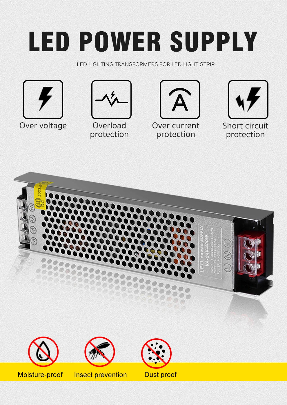 Semi-Filled Glue LED Power Supply Driver AC200-240V to DC 12V 24V Lighting Transformer 60W-400W for LED Strips