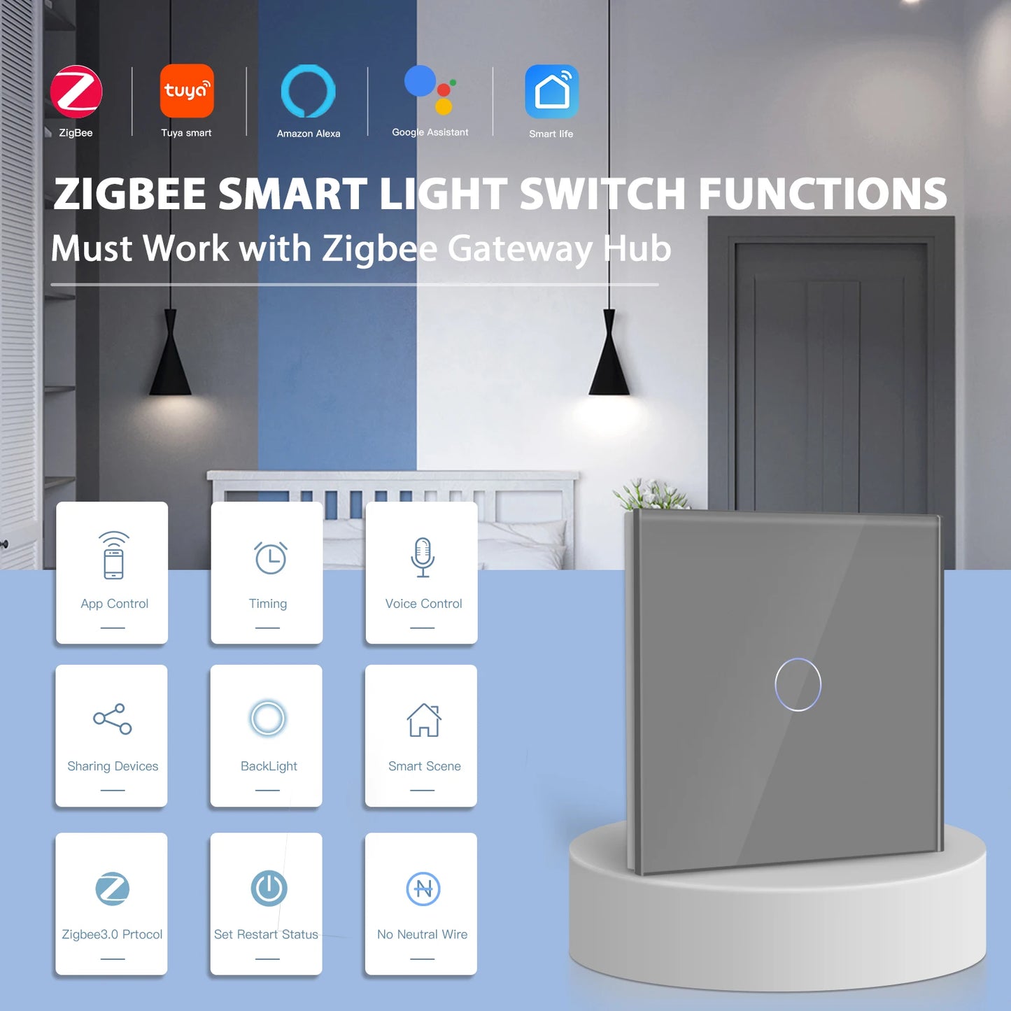 Tuya BSEED Zigbee Switches Smart Touch Light Switche No Neutral Wire Required