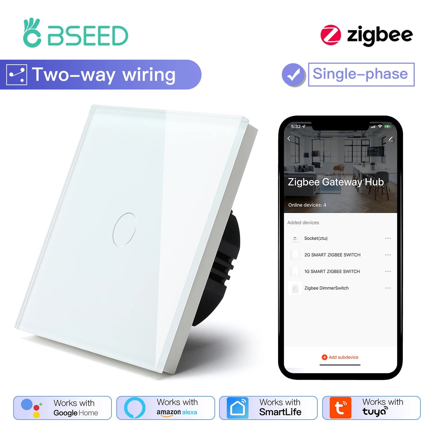 Tuya BSEED Zigbee Switches Smart Touch Light Switche No Neutral Wire Required