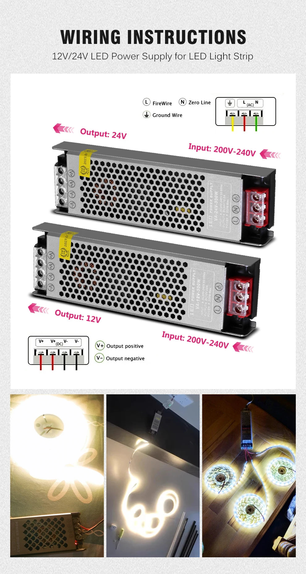 Semi-Filled Glue LED Power Supply Driver AC200-240V to DC 12V 24V Lighting Transformer 60W-400W for LED Strips