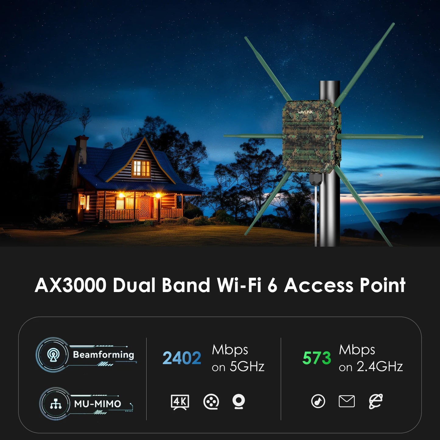 WAVLINK High Power AX3000 WiFi6 Outdoor Router/Repeater/AP 5G Long Range Outdoor WiFi Mesh Extender With PoE IP67 Weatherproof