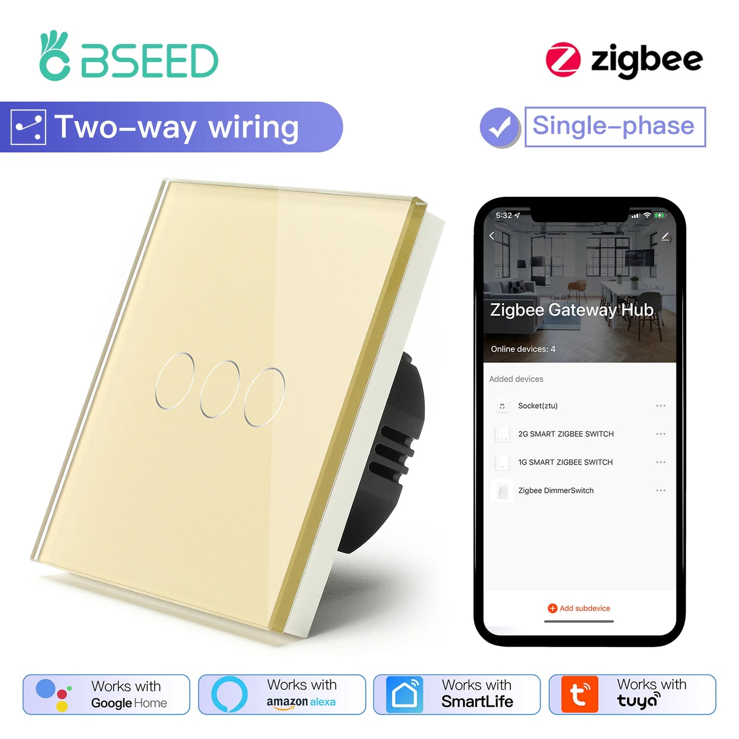 Tuya BSEED Zigbee Switches Smart Touch Light Switche No Neutral Wire Required