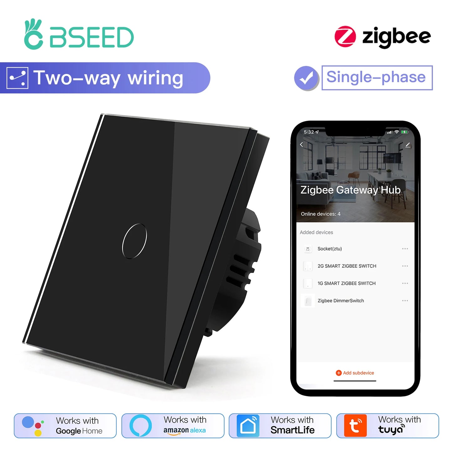 Tuya BSEED Zigbee Switches Smart Touch Light Switche No Neutral Wire Required