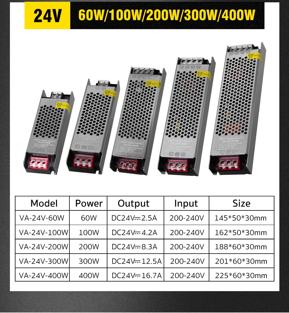 Semi-Filled Glue LED Power Supply Driver AC200-240V to DC 12V 24V Lighting Transformer 60W-400W for LED Strips
