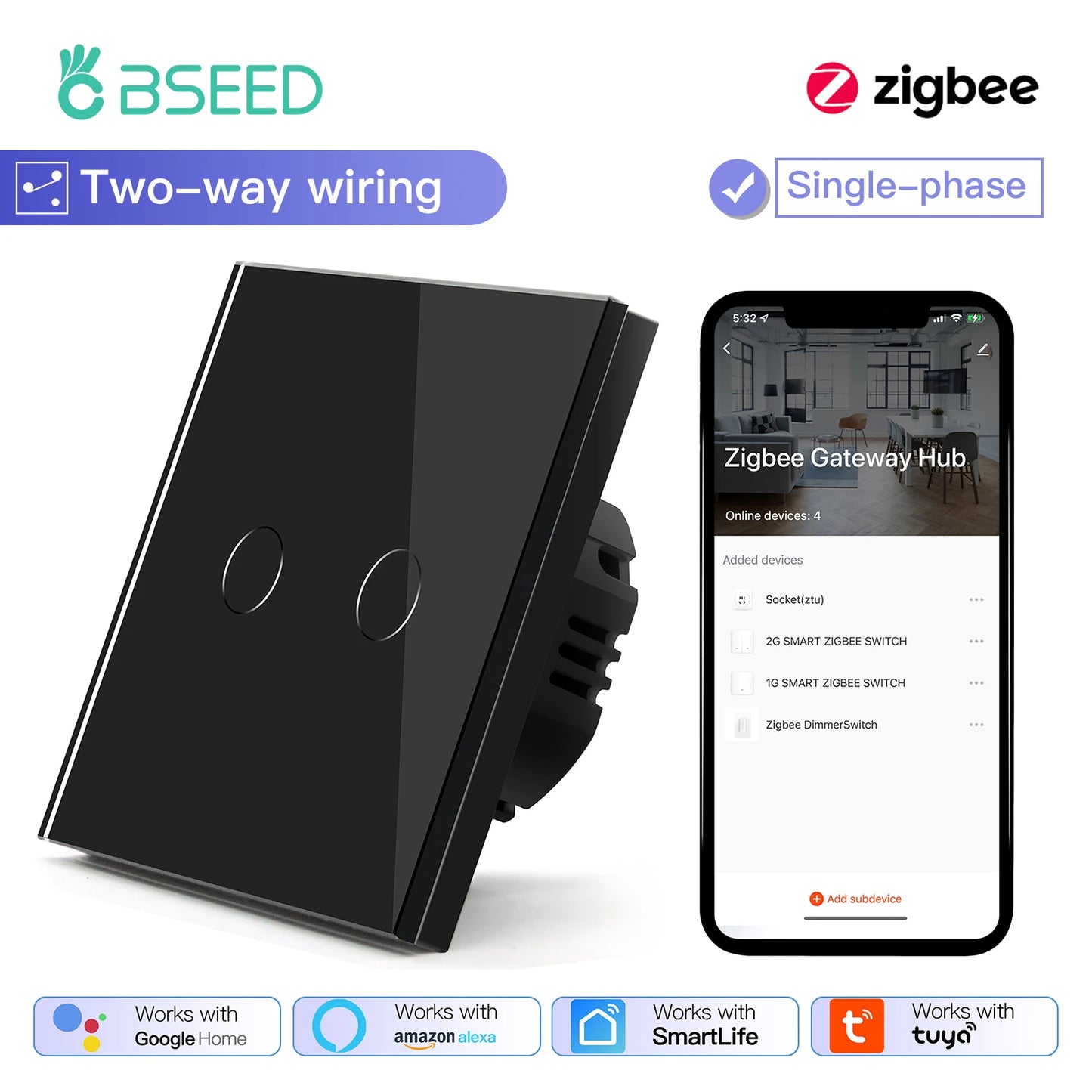 Tuya BSEED Zigbee Switches Smart Touch Light Switche No Neutral Wire Required