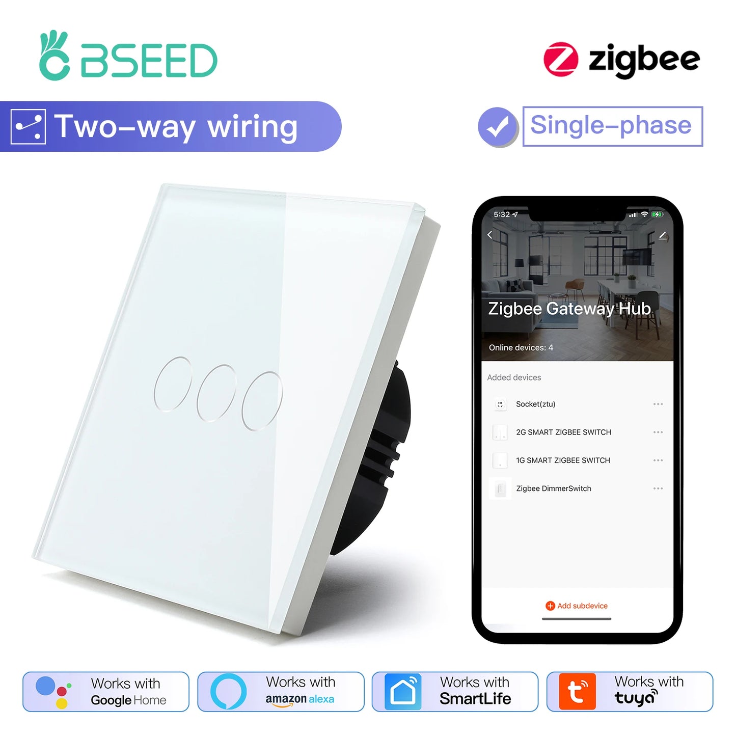 Tuya BSEED Zigbee Switches Smart Touch Light Switche No Neutral Wire Required