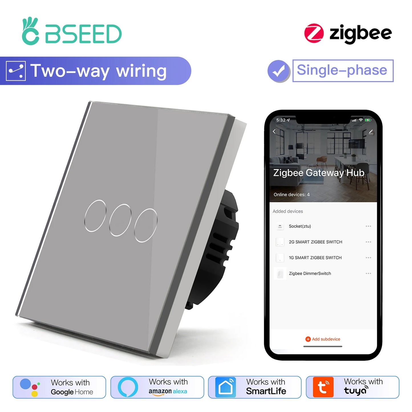 Tuya BSEED Zigbee Switches Smart Touch Light Switche No Neutral Wire Required