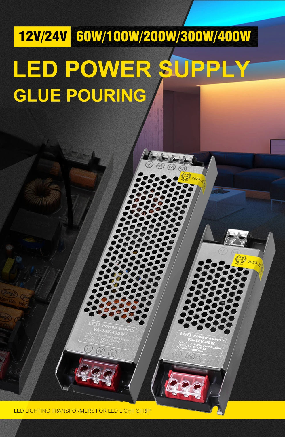 Semi-Filled Glue LED Power Supply Driver AC200-240V to DC 12V 24V Lighting Transformer 60W-400W for LED Strips