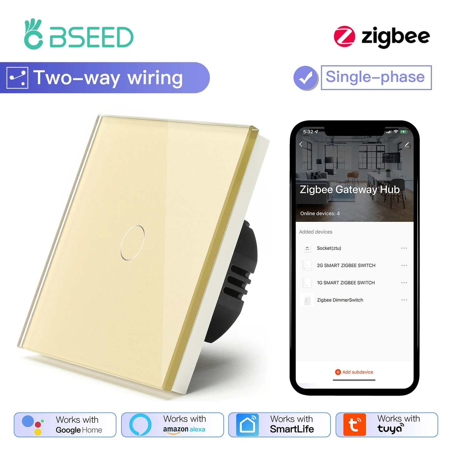 Tuya BSEED Zigbee Switches Smart Touch Light Switche No Neutral Wire Required