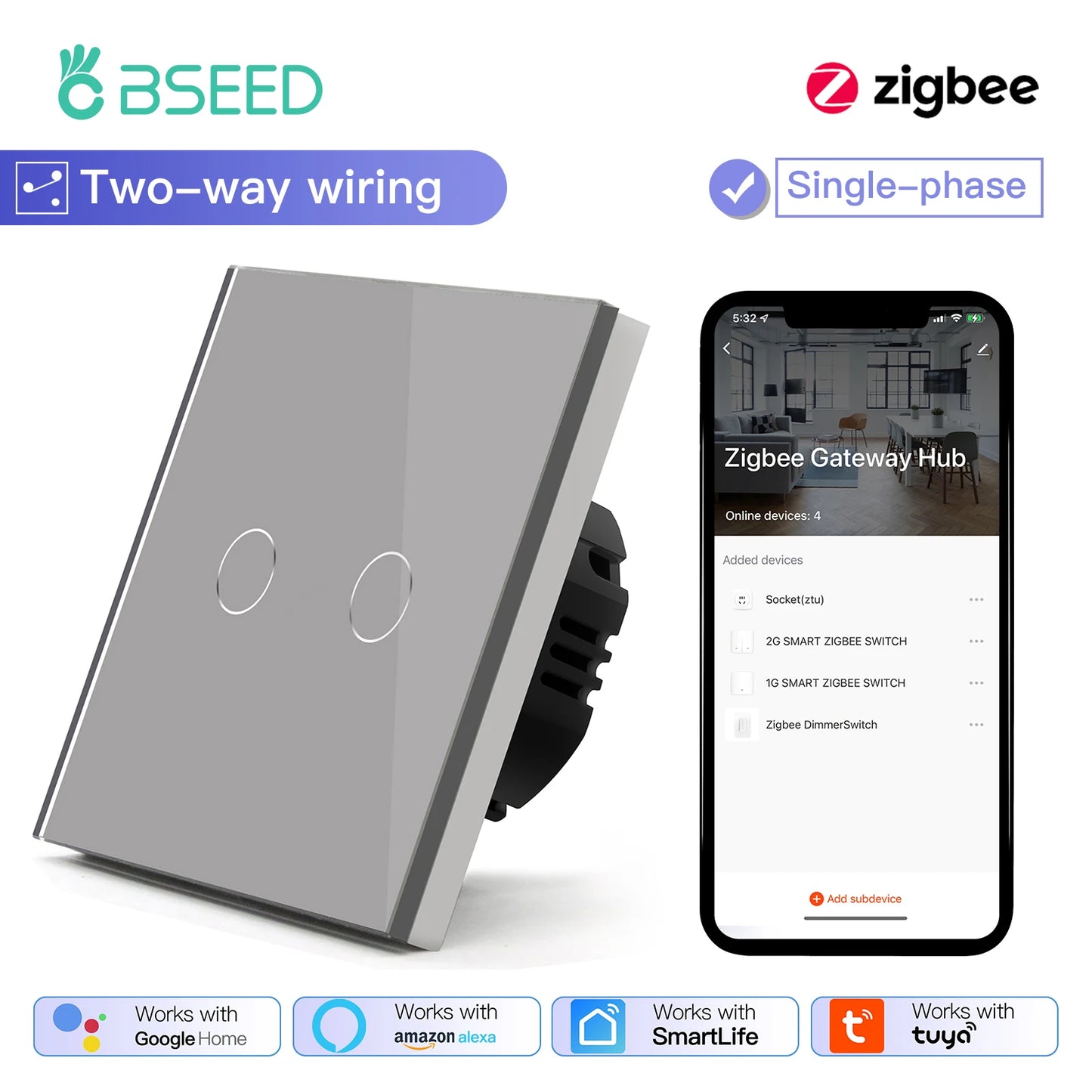 Tuya BSEED Zigbee Switches Smart Touch Light Switche No Neutral Wire Required